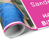 Roze Fuchsia 2 Foto Custom Happy Birthday Girl Cadeaupapier (Rol Hoek)