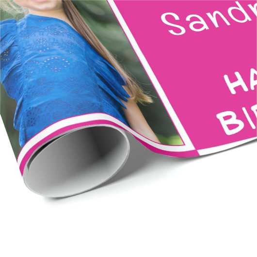Roze Fuchsia 2 Foto Custom Happy Birthday Girl Cadeaupapier (Rol Hoek)