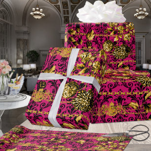 Roze Fuchsia Black Gold Floral Acanthus Gold Chain Cadeaupapier