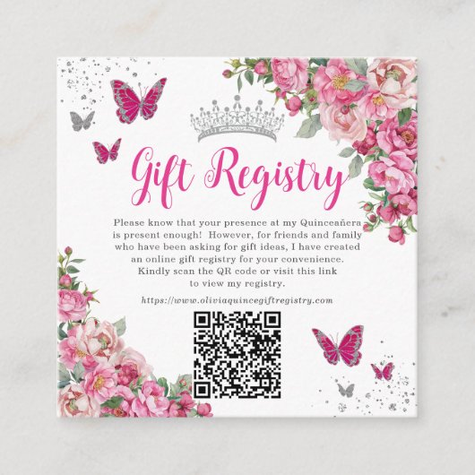 Roze Fuchsia Bloem Vlinder Quinceanera QR Cadeau Informatiekaartje (Voorkant)
