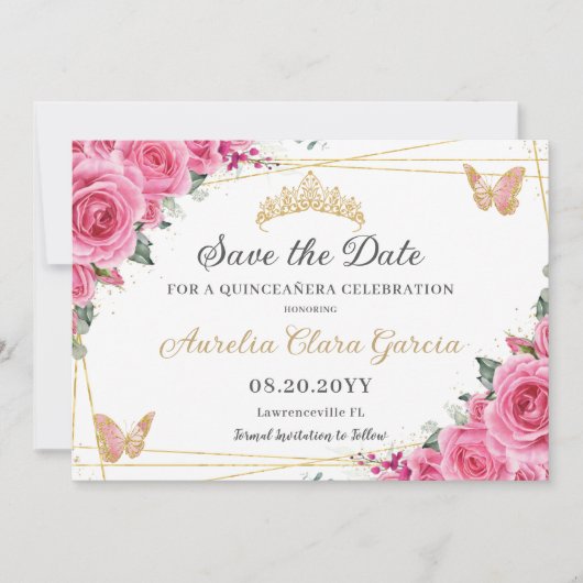 Roze Fuchsia Bloemen Goud Quinceanera Zoet Zestien Save The Date (Voorkant)