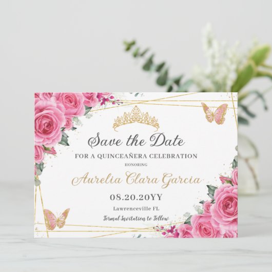 Roze Fuchsia Bloemen Goud Quinceanera Zoet Zestien Save The Date (Staand voorkant)