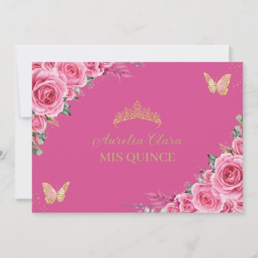 Roze Fuchsia Bloemen Goud Quinceanera Zoet Zestien Save The Date (Achterkant)