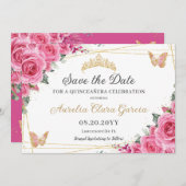 Roze Fuchsia Bloemen Goud Quinceanera Zoet Zestien Save The Date (Voorkant / Achterkant)
