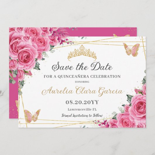 Roze Fuchsia Bloemen Goud Quinceanera Zoet Zestien Save The Date (Voorkant / Achterkant)