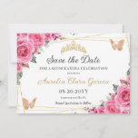 Roze Fuchsia Bloemen Goud Quinceanera Zoet Zestien Save The Date<br><div class="desc">c) De Happy Cat Studio</div>