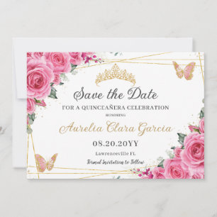 Roze Fuchsia Bloemen Goud Quinceanera Zoet Zestien Save The Date