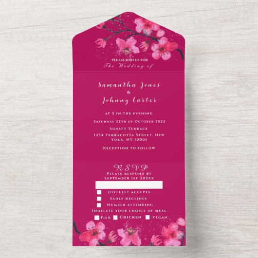 Roze Fuchsia Bloemen Kersenbloesem Bruiloft All In One Uitnodiging (Binnen)