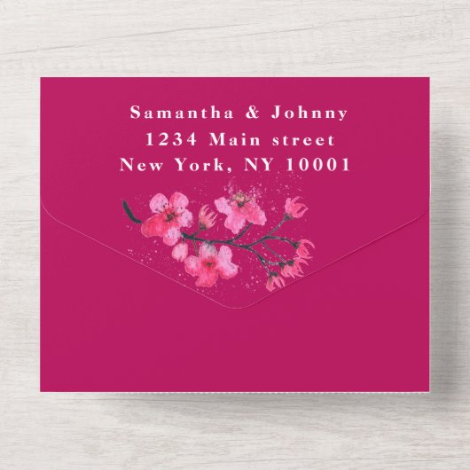 Roze Fuchsia Bloemen Kersenbloesem Bruiloft All In One Uitnodiging (Achterkant)