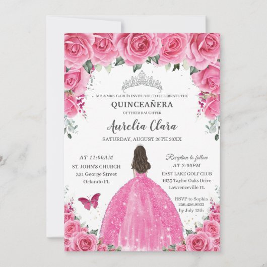 Roze Fuchsia Bloemen Zilver Quinceañera Princess X Kaart (Voorkant)