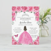 Roze Fuchsia Bloemen Zilver Quinceañera Princess X Kaart (Staand voorkant)
