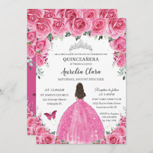 Roze Fuchsia Bloemen Zilver Quinceañera Princess X Kaart