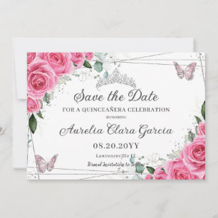 Roze Fuchsia Bloemen Zilver Quinceanera XV Sweet 1 Save The Date