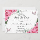Roze Fuchsia Bloemige Zilveren Quinceanera XV Swee Save The Date (Voorkant)