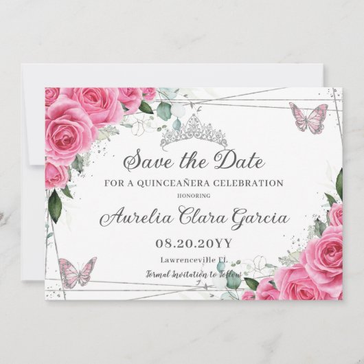 Roze Fuchsia Bloemige Zilveren Quinceanera XV Swee Save The Date (Voorkant)