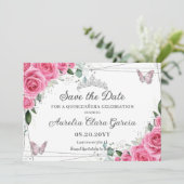 Roze Fuchsia Bloemige Zilveren Quinceanera XV Swee Save The Date (Staand voorkant)