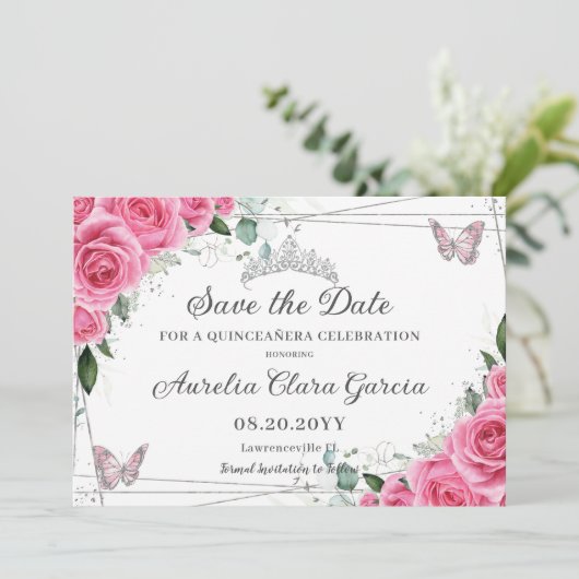 Roze Fuchsia Bloemige Zilveren Quinceanera XV Swee Save The Date (Staand voorkant)