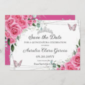 Roze Fuchsia Bloemige Zilveren Quinceanera XV Swee Save The Date (Voorkant / Achterkant)