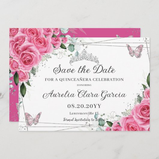 Roze Fuchsia Bloemige Zilveren Quinceanera XV Swee Save The Date (Voorkant / Achterkant)