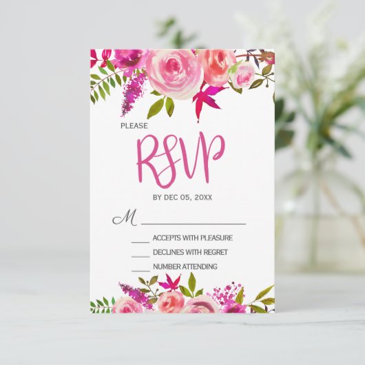 Roze Fuchsia Botanische Bloemen Bruiloft RSVP kaar (Staand voorkant)