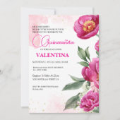 Roze Fuchsia Floral Goud Waterverf Quinceañera Kaart (Voorkant)