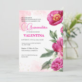 Roze Fuchsia Floral Goud Waterverf Quinceañera Kaart (Staand voorkant)
