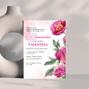 Roze Fuchsia Floral Goud Waterverf Quinceañera Kaart