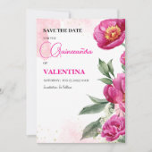Roze Fuchsia Floral Goud Waterverf Quinceañera Save The Date (Voorkant)