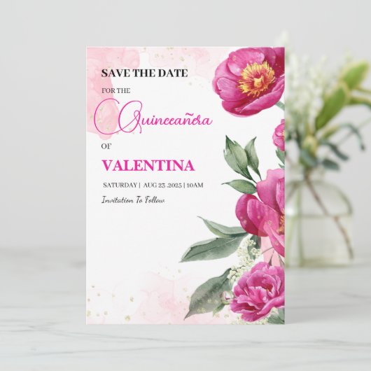 Roze Fuchsia Floral Goud Waterverf Quinceañera Save The Date (Staand voorkant)