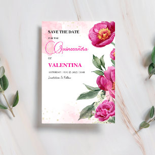 Roze Fuchsia Floral Goud Waterverf Quinceañera Save The Date