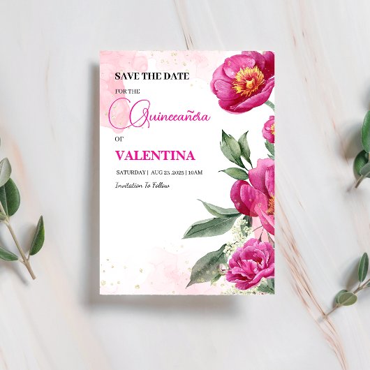 Roze Fuchsia Floral Goud Waterverf Quinceañera Save The Date