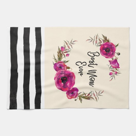 Roze Fuchsia Floral Poppies met de beste mam ooit Theedoek (Horizontaal)