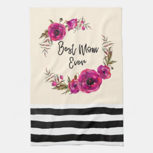 Roze Fuchsia Floral Poppies met de beste mam ooit Theedoek