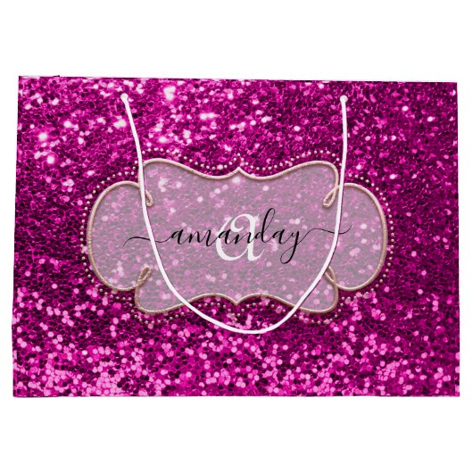 Roze Fuchsia Framed Royal Monogram Name Glitter Groot Cadeauzakje (Achterkant)