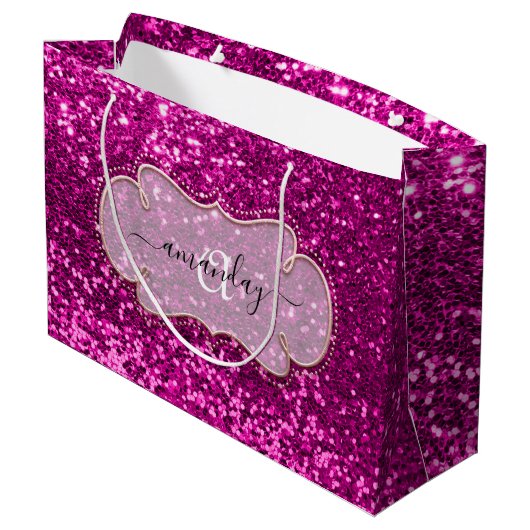 Roze Fuchsia Framed Royal Monogram Name Glitter Groot Cadeauzakje (Achterkant Gekanteld)