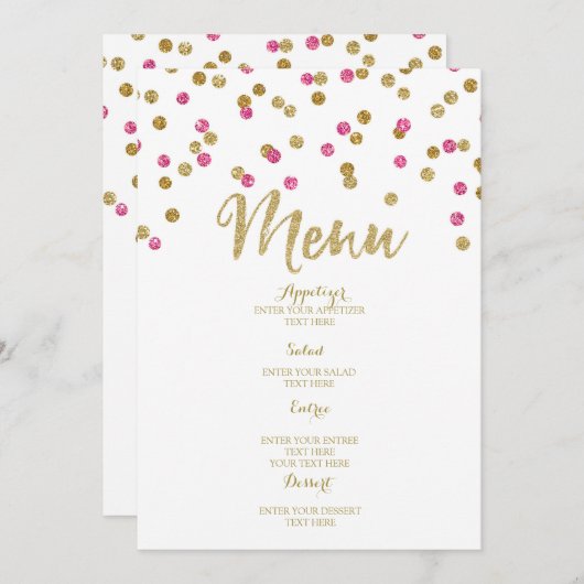 Roze Fuchsia Gouden Confetti Trouwmenu Menu (Voorkant / Achterkant)