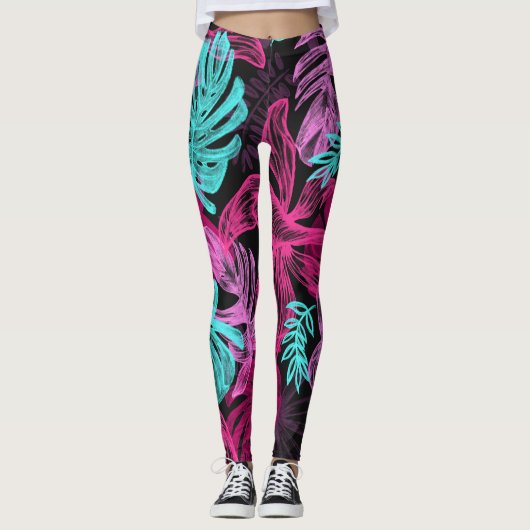 Roze Fuchsia Green Leaves Pattern Leggings (Voorkant)