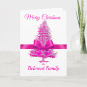 Roze Fuchsia Holiday Tree Ribbon Bow Aangepaste na Feestdagen Kaart (Voorkant)