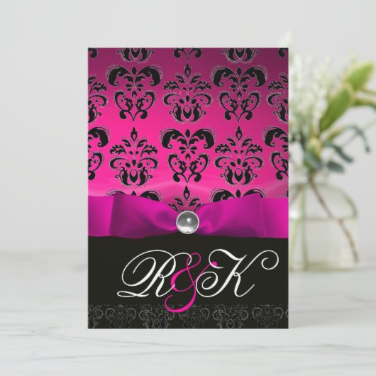ROZE FUCHSIA LINT WIT ZWART DAMAST MONOGRAM KAART (Staand voorkant)