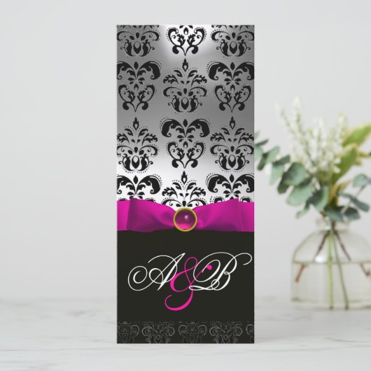 ROZE FUCHSIA LINT WIT ZWART DAMAST MONOGRAM KAART (Staand voorkant)