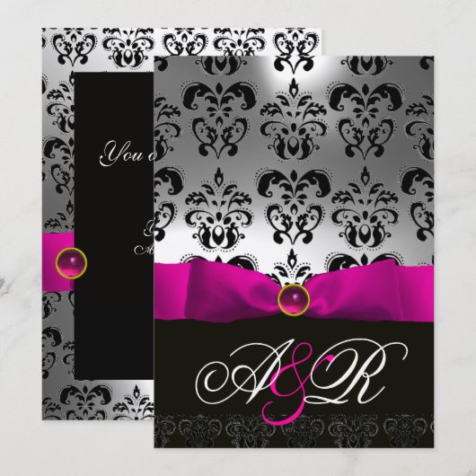 ROZE FUCHSIA LINT WIT ZWART DAMAST MONOGRAM KAART (Voorkant / Achterkant)