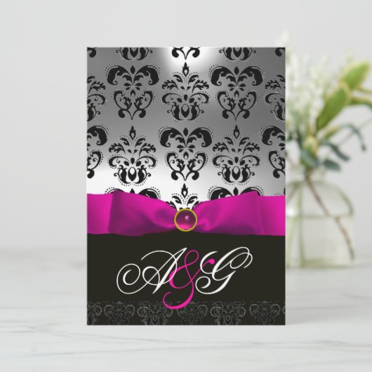 ROZE FUCHSIA LINT WIT ZWART DAMAST MONOGRAM KAART (Staand voorkant)