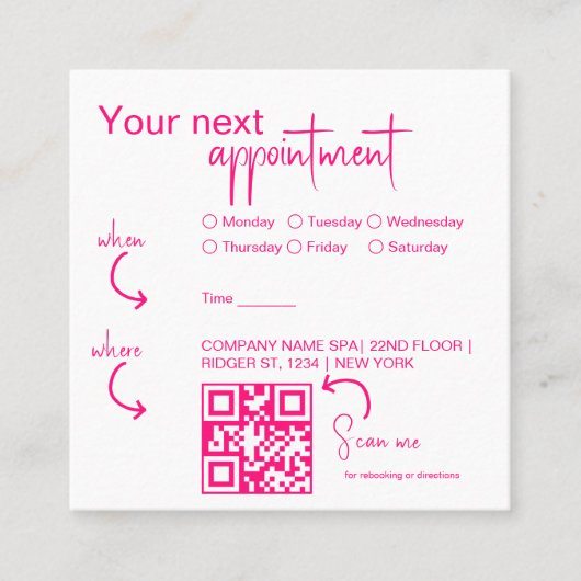 Roze fuchsia Modern Beauty Salon QR-code Afsprakenkaartje (Voorkant)
