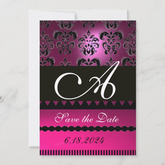 ROZE FUCHSIA PAARSE DAMASK MONOGRAM Zwart Save The Date (Voorkant)