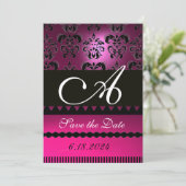 ROZE FUCHSIA PAARSE DAMASK MONOGRAM Zwart Save The Date (Staand voorkant)