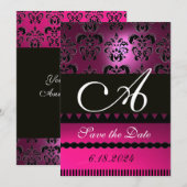 ROZE FUCHSIA PAARSE DAMASK MONOGRAM Zwart Save The Date (Voorkant / Achterkant)