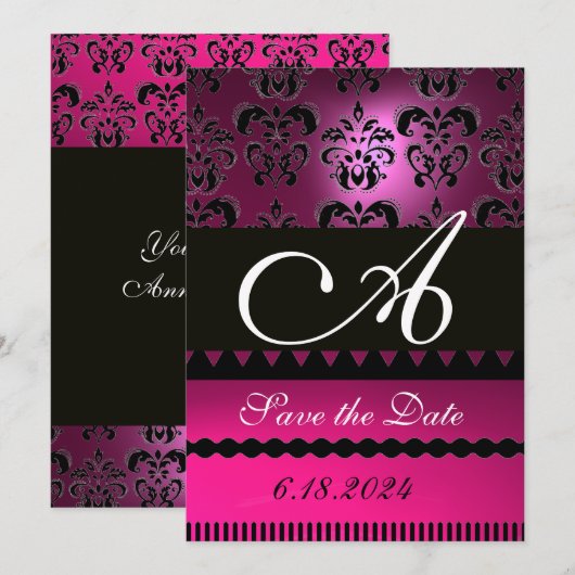 ROZE FUCHSIA PAARSE DAMASK MONOGRAM Zwart Save The Date (Voorkant / Achterkant)