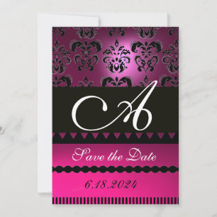 ROZE FUCHSIA PAARSE DAMASK MONOGRAM Zwart Save The Date