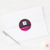 ROZE FUCHSIA PAARSE DAMASK VIERKANT MONOGRAM, viol Ronde Sticker (Envelop)