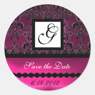 ROZE FUCHSIA PAARSE DAMASK VIERKANT MONOGRAM, viol Ronde Sticker